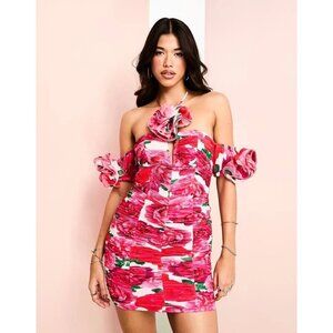 NEW ASOS LUXE Womens Sz 6 Pink mini Floral dress corset Ruched Summer Party Sexy